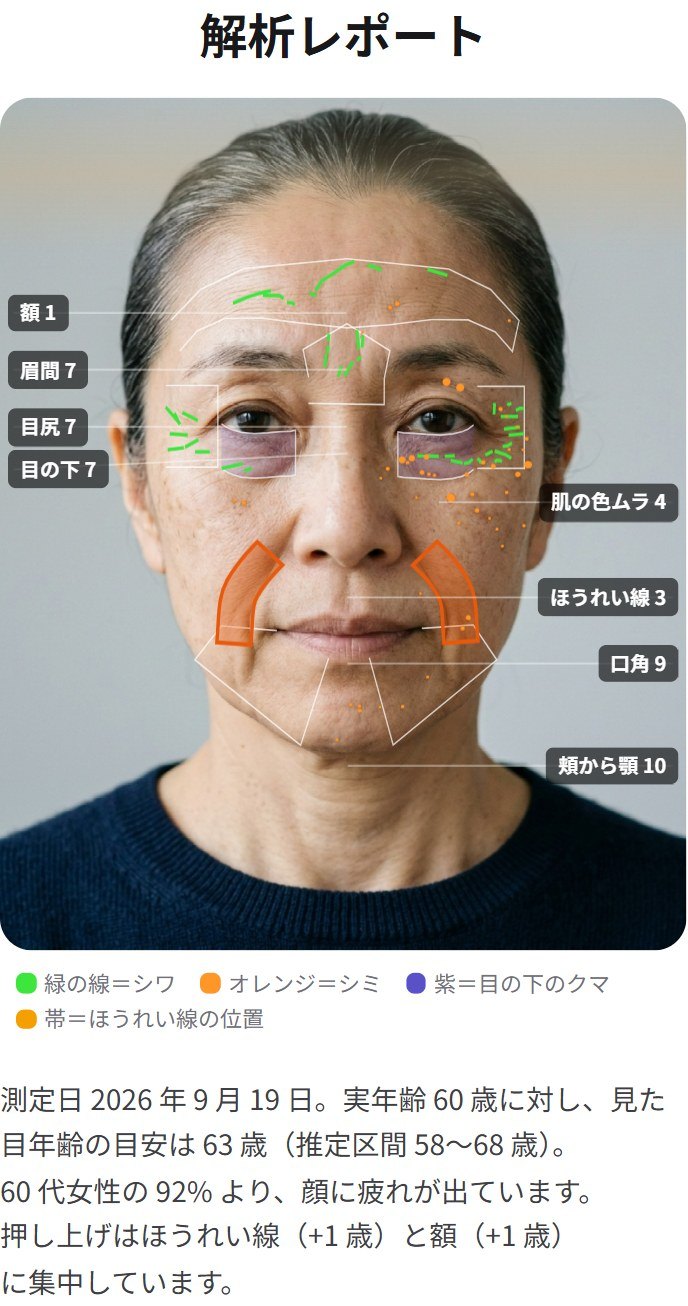 見た目年齢の目安と、写真の上に重ねたシワとシミの検出結果